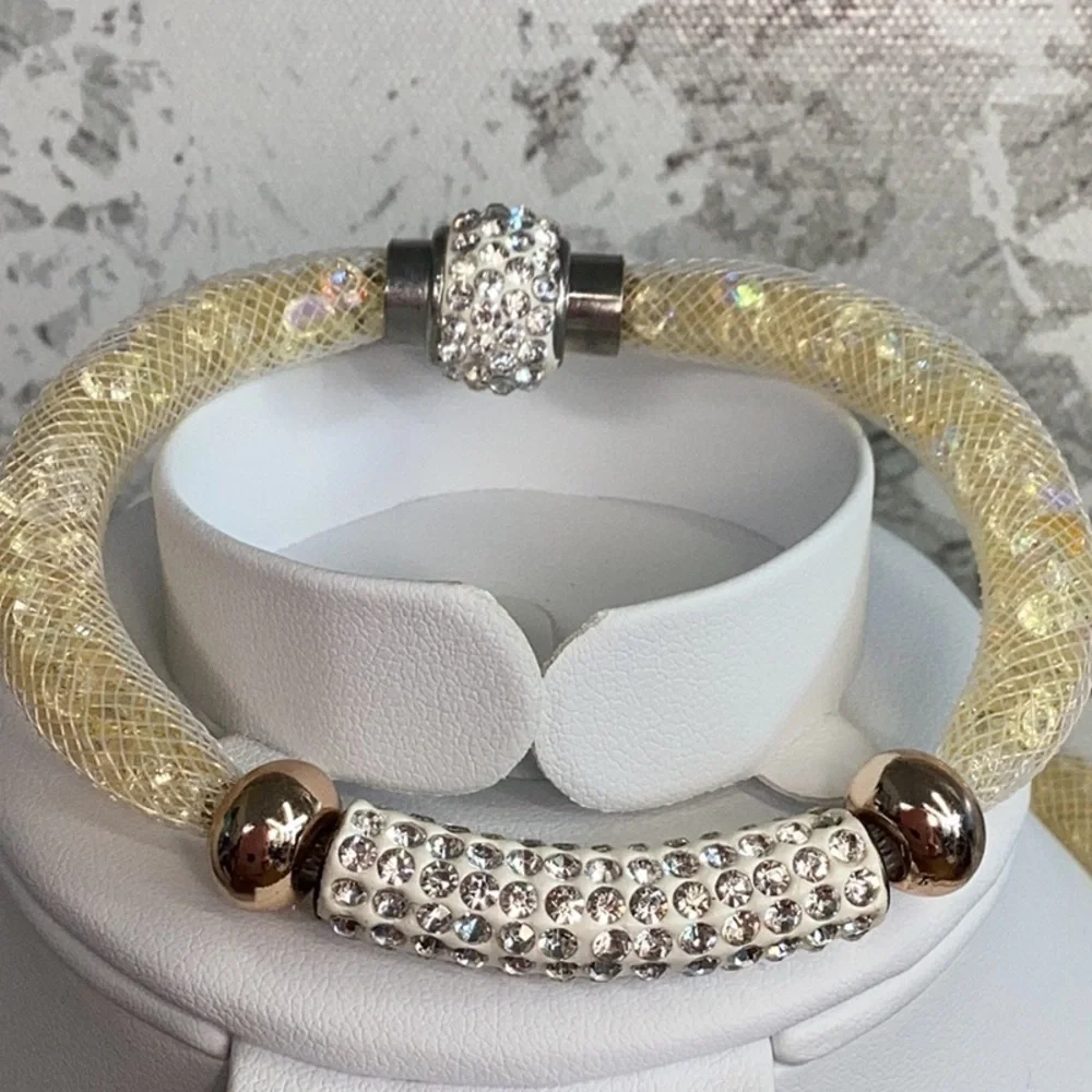 Rhinestone and Crystal AB Yellow Silver and White Necklace Bracelet Earrings Set